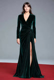 Dark Green Velvet V-Neck Ruched Formal Dress With Slit