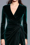 Dark Green Velvet V-Neck Ruched Formal Dress With Slit