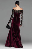 Burgundy Velvet Off The Shoulder Mermaid Formal Dress with Long Sleeves