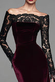 Burgundy Velvet Off The Shoulder Mermaid Formal Dress with Long Sleeves