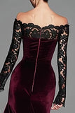 Burgundy Velvet Off The Shoulder Mermaid Formal Dress with Long Sleeves