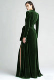 Dark Green Velvet Long Sleeve Formal Dress With Slit