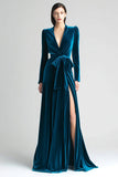 Peacock Blue Velvet Long Sleeve Formal Dress With Slit