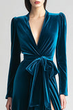 Peacock Blue Velvet Long Sleeve Formal Dress With Slit