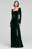Dark Green Velvet Sheath Long Sleeve Formal Dress With Slit