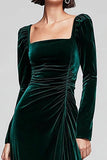 Dark Green Velvet Sheath Long Sleeve Formal Dress With Slit