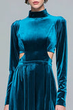 Peacock Blue A-Line Cut Out Maxi Holiday Dress With Long Sleeves