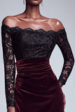 Black and Burgundy Velvet Off The Shoulder Lace Mermaid Formal Dress