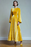 Yellow Velvet A-Line Holiday Dress with Long Sleeves