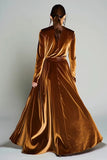 Brown Velvet A-Line V-Neck Long Sleeve Holiday Dress