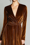 Brown Velvet A-Line V-Neck Long Sleeve Holiday Dress