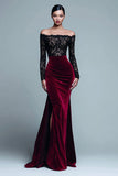 Black and Burgundy Off The Shoulder Mermaid Velvet Formal Dress With Slit