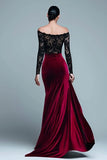 Black and Burgundy Off The Shoulder Mermaid Velvet Formal Dress With Slit