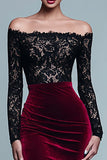 Black and Burgundy Off The Shoulder Mermaid Velvet Formal Dress With Slit