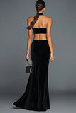 Mermaid Halter Cut Out Velvet Black Tie Dress With Slit