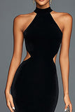 Mermaid Halter Cut Out Velvet Black Tie Dress With Slit