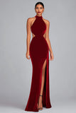 Mermaid Halter Cut Out Velvet Black Tie Dress With Slit