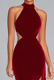 Mermaid Halter Cut Out Velvet Black Tie Dress With Slit