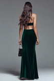 Dark Green Halter Mermaid Cut Out Velvet Formal Dress With Slit