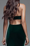 Dark Green Halter Mermaid Cut Out Velvet Formal Dress With Slit