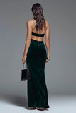 Dark Green Halter Mermaid Cut Out Velvet Formal Dress With Slit