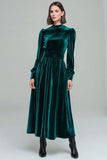 Peacock Green A-Line Velvet Holiday Party Dress With Long Sleeves