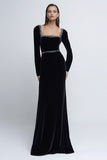 Velvet Long Sleeve Black Tie Dress with Beading