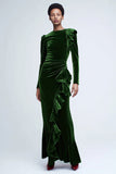 Green Velvet Long Sleeve Sheath Holiday Dress with Ruffles