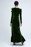 Green Velvet Long Sleeve Sheath Holiday Dress with Ruffles