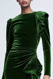 Green Velvet Long Sleeve Sheath Holiday Dress with Ruffles