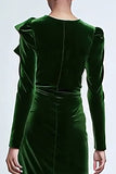 Green Velvet Long Sleeve Sheath Holiday Dress with Ruffles