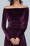 Off The Shoulder Velvet A-Line Purple Formal Dress with Long Sleeves