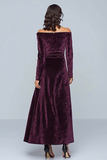 Off The Shoulder Velvet A-Line Purple Formal Dress with Long Sleeves