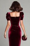 Burgundy Velvet Sheath V-Neck Formal Dress