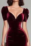 Burgundy Velvet Sheath V-Neck Formal Dress
