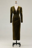 Olive Ruched Sheath Long Sleeve Velvet Formal Dress with Slit
