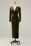 Olive Velvet Ruched Sheath Formal Dress with Long Sleeves