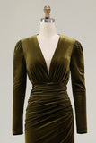 Olive Velvet Ruched Sheath Formal Dress with Long Sleeves