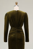 Olive Velvet Ruched Sheath Formal Dress with Long Sleeves