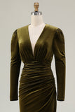 Olive Velvet Ruched Sheath Formal Dress with Long Sleeves