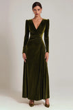 Velvet A-Line Olive V-Neck Formal Dress With Long Sleeves