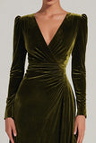 Velvet A-Line Olive V-Neck Formal Dress With Long Sleeves