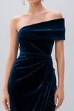 One Shoulder Navy Velvet Semi-Formal Dress With Slit
