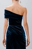 One Shoulder Navy Velvet Semi-Formal Dress With Slit