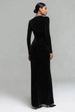 Black Velvet Sheath Beaded Formal Dress With Long Sleeves