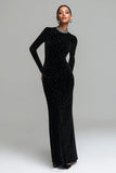 Black Velvet Sheath Beaded Formal Dress With Long Sleeves