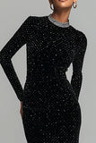 Black Velvet Sheath Beaded Formal Dress With Long Sleeves