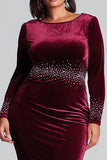 Plus Size Burgundy Velvet Beaded Holiday Dress with Long Sleeves