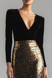 Sparkly Gold and Black Velvet Long Sleeve V-Neck Formal Dress