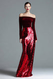 Burgundy Off The Shoulder Velvet Long Formal Dress With Sequins